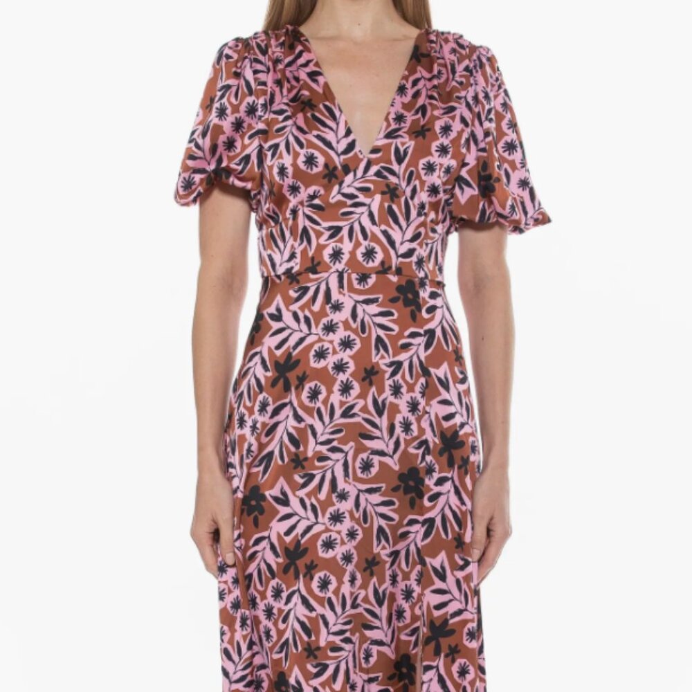 V-Neck Puff Sleeve Midi Dress Brown Floral Alexia Admor size 12